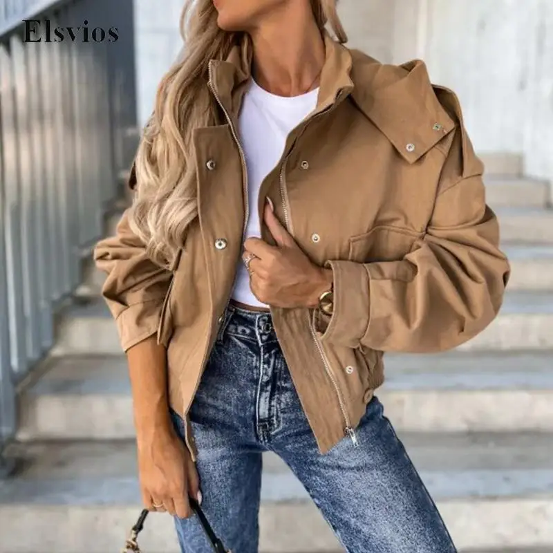 

Женский винтажный комбинезон в стиле панк, модная однотонная куртка-карго с карманами и капюшоном, Повседневная Свободная короткая верхняя...