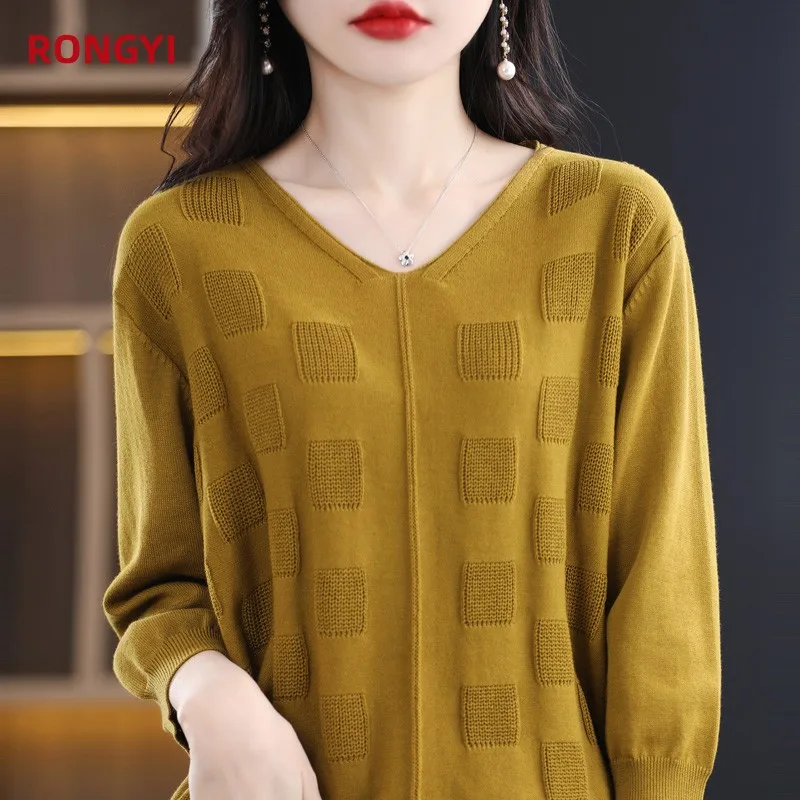 RONGYI 100% Cotton Woman Spring And Autumn V-Neck Pullover Sweater Coat Knit Fashion Bottoming Shirt New Solid Three-Quarter Top