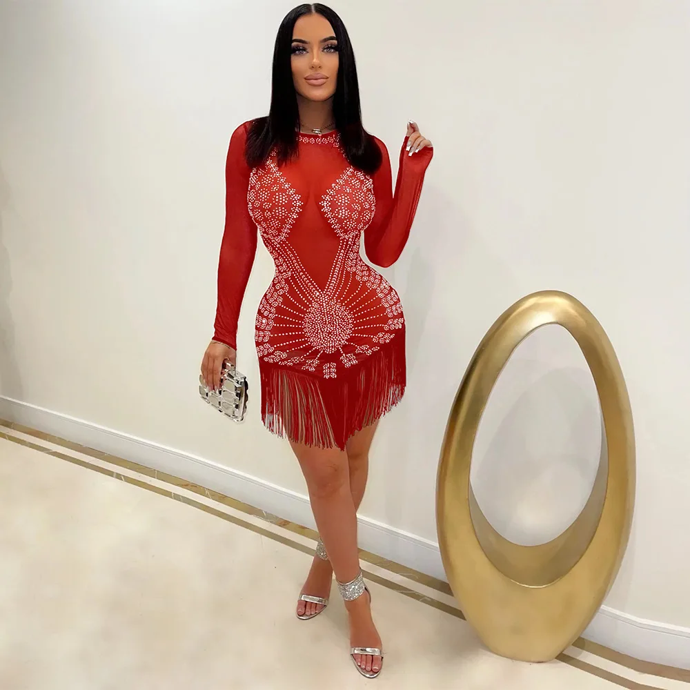 Women Sexy Tassels Mini Dress Diamond Design High Collar Long Sleeve Evening Dress Fashion Bodycon Nightclub Dresses