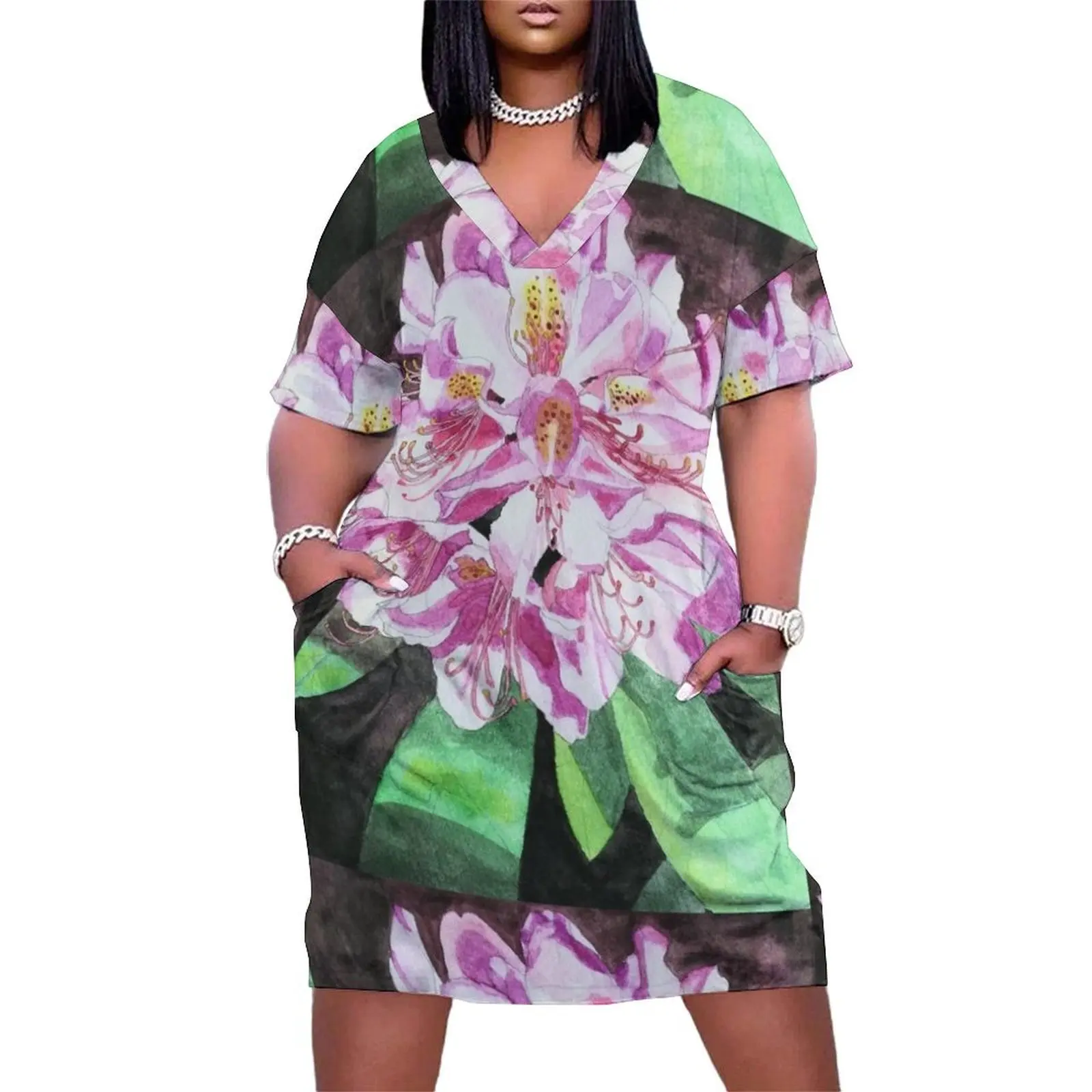 Розовый рододерн цветок акварельная живопись свободное карманное платье летнее