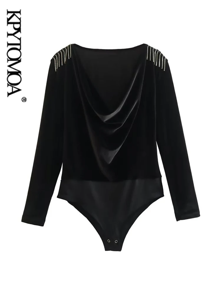 

KPYTOMOA женские модные с бисером бархатные боди винтажные с длинным рукавом с кнопками женские комбинезоны для женщин