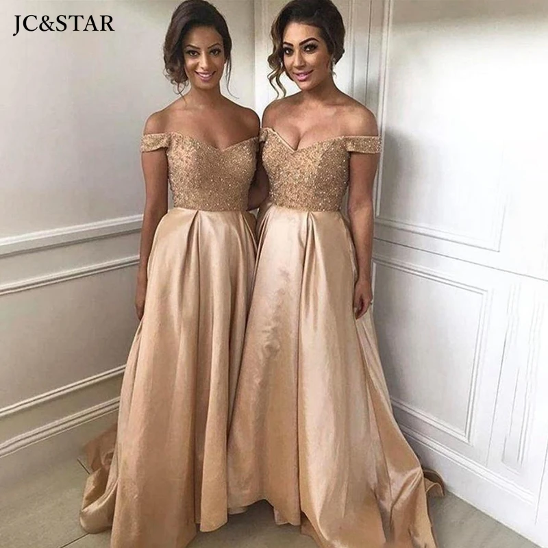 

Gold Bridesmaid Dresses Off Shoulder Sweep Train A Line Simple Wedding Guest Party Gowns Gorgeous Long robe ceremonie femme