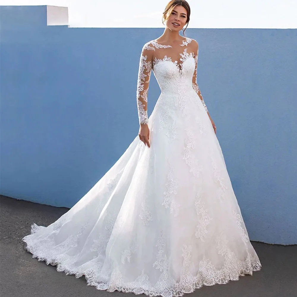 

A-Line O-Neck HY683 Wedding Dress For Women Tulle Long Sleeves Charming Elegant Bridal Gowns Vestidos De Novia Floor Length