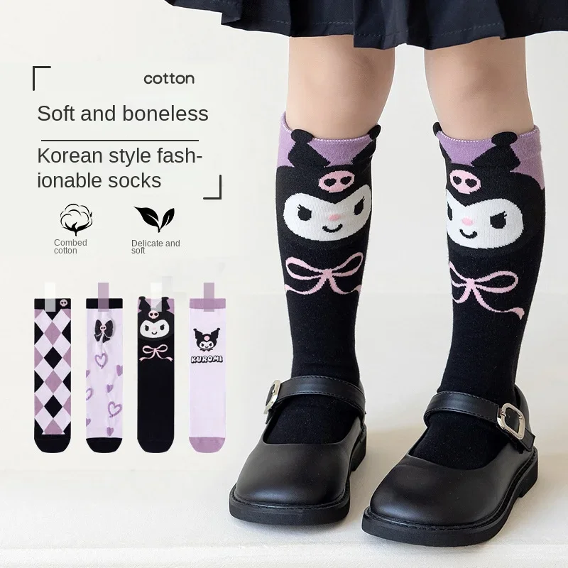 Носки Sanrio Kuromi милые модные кавайные детские чулки с бантом осенне-зимние теплые