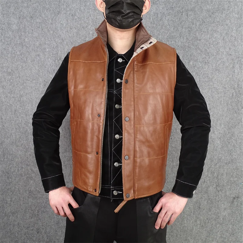 

Blunt Razor Luxury Grade! Wax Sheepskin Without Coating Original Genuine Leather Leather Clothing Men's Winter Down Vest Model