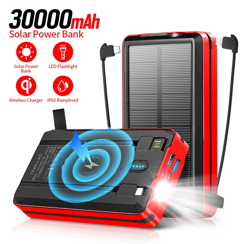 

Solar Power Bank 30000mAh Fast Qi Wireless Charger Powerbank Built in Cable for iPhone 14 13 Samsung Huawei Xiaomi LED Poverbank