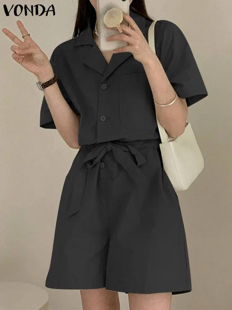 

VONDA Oversize Casual Polyester Summer Playsuits Women Wide Leg Pants Short Rompers Sleeveless Overalls Short Holiday Jumpsuits