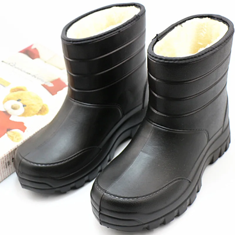 

Winter New Men's Foam Lightweight Fleece-Lined Cotton-Padded Rain Boots Women's Mid-High Tube Eva Warm Waterproof Shoes Non