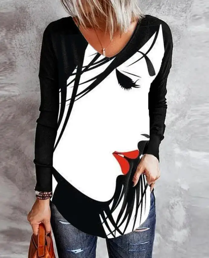 

Women Long Sleeve Top Abstract Figure Print Curved Hem T-Shirt Sexy V-Neck Fashion Casual Slim Loose Tee Streetwear
