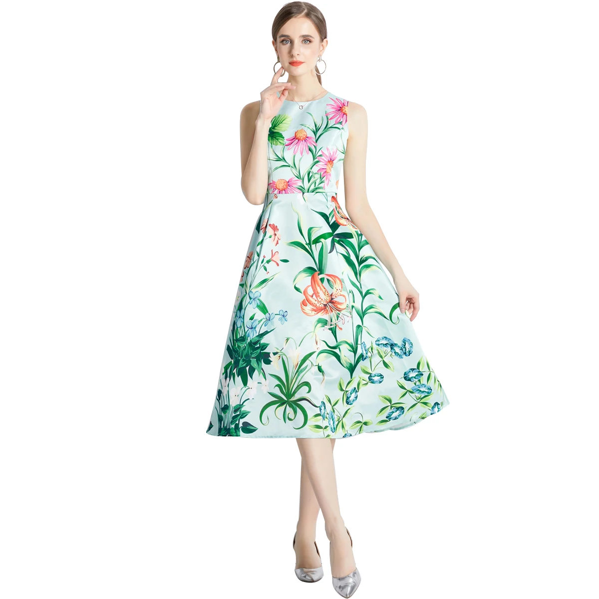 Simgent Women Sleeveless Dress 2022 Fashion New Elegant Vintage Tank Slim Print A Line Midi Long Dresses Robe Femme SG28183