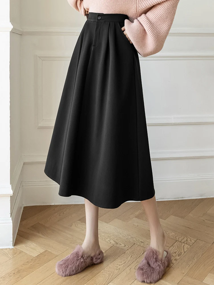 

Khaki Brown New Vintage Woolen Velvet Skirt Women 2022 Autumn Winter Fashion High Waist A Line Skirt Female Mid Long Party Skirt