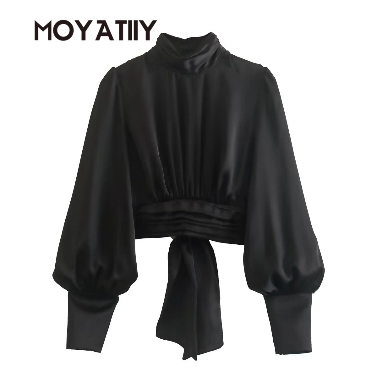 

MOYATIIY Women Black Shirts Fashion New Year Backless Satin Shirts Blouse with Bow Office Ladies Pluff Sleeve Female Tops