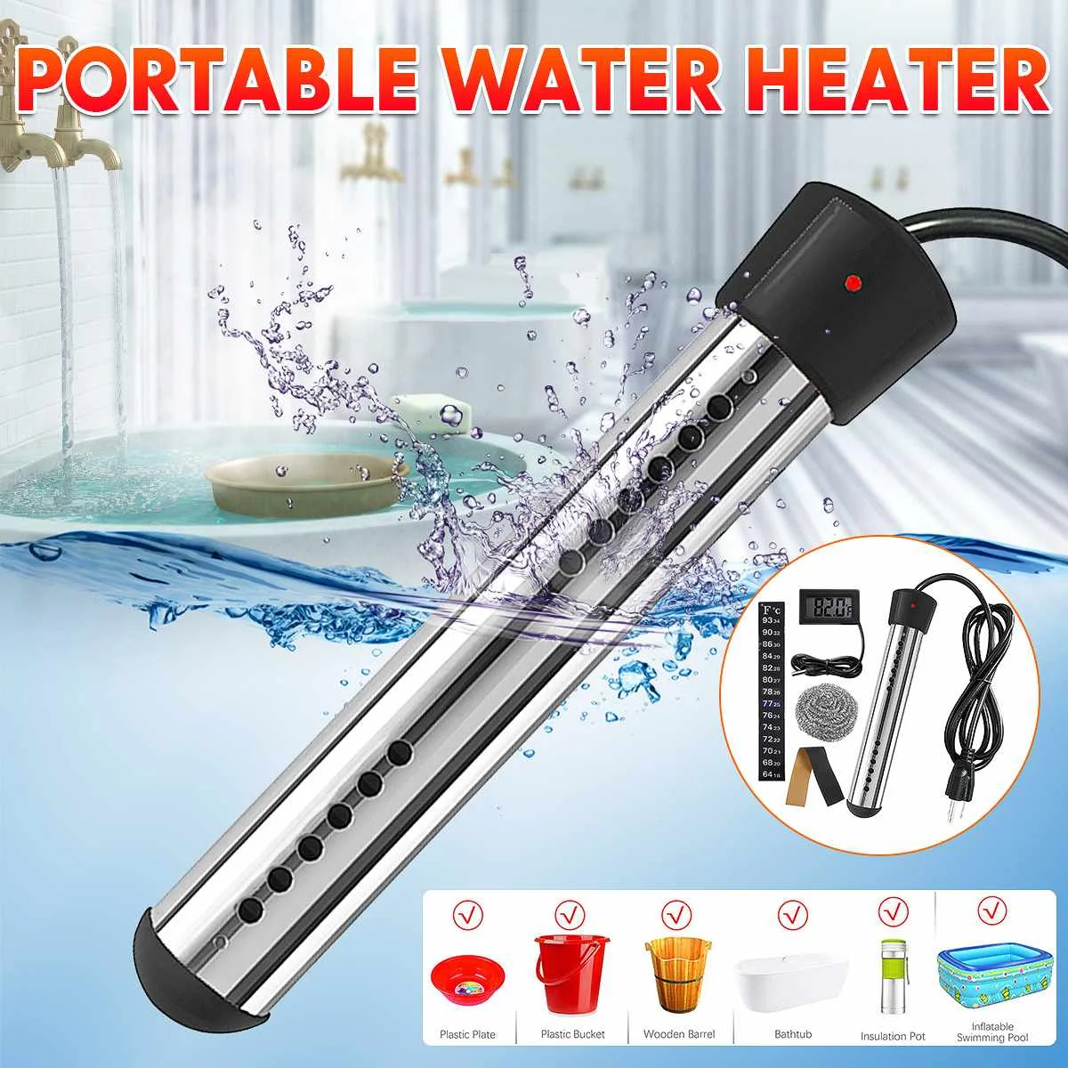 

120V 1500W Electric Water Heater Boiler Portable Immersion Heater with Digital Thermometer for Inflatable Pool Bathtub Heating