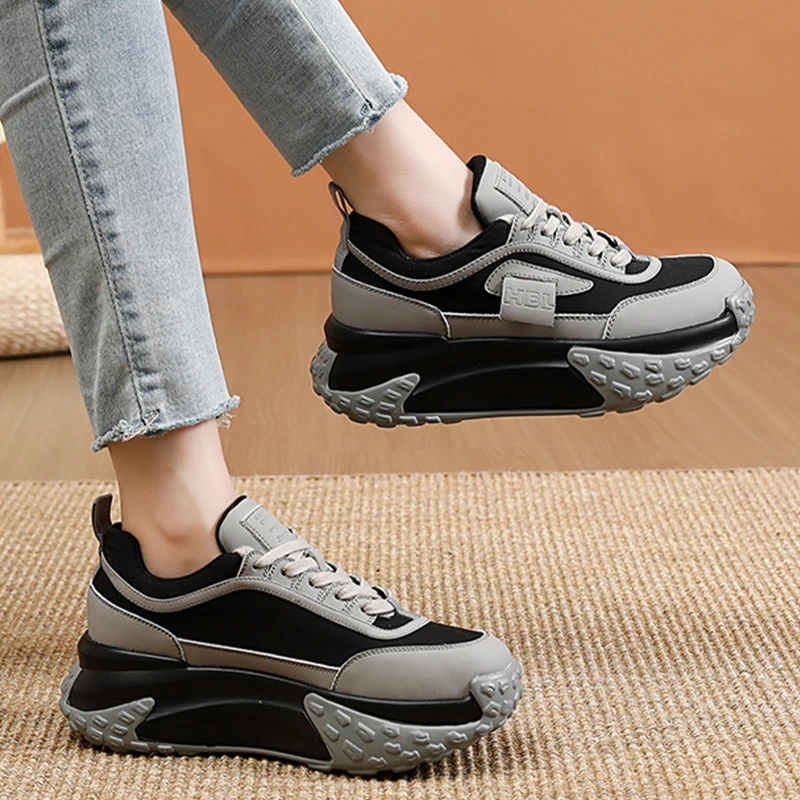 5.5CM Genuine Leather Comfy Contrast Female Sneaker Breathable Pink Green Shoe Chunky Sneakers Spring Platform Wedge Women Shoes