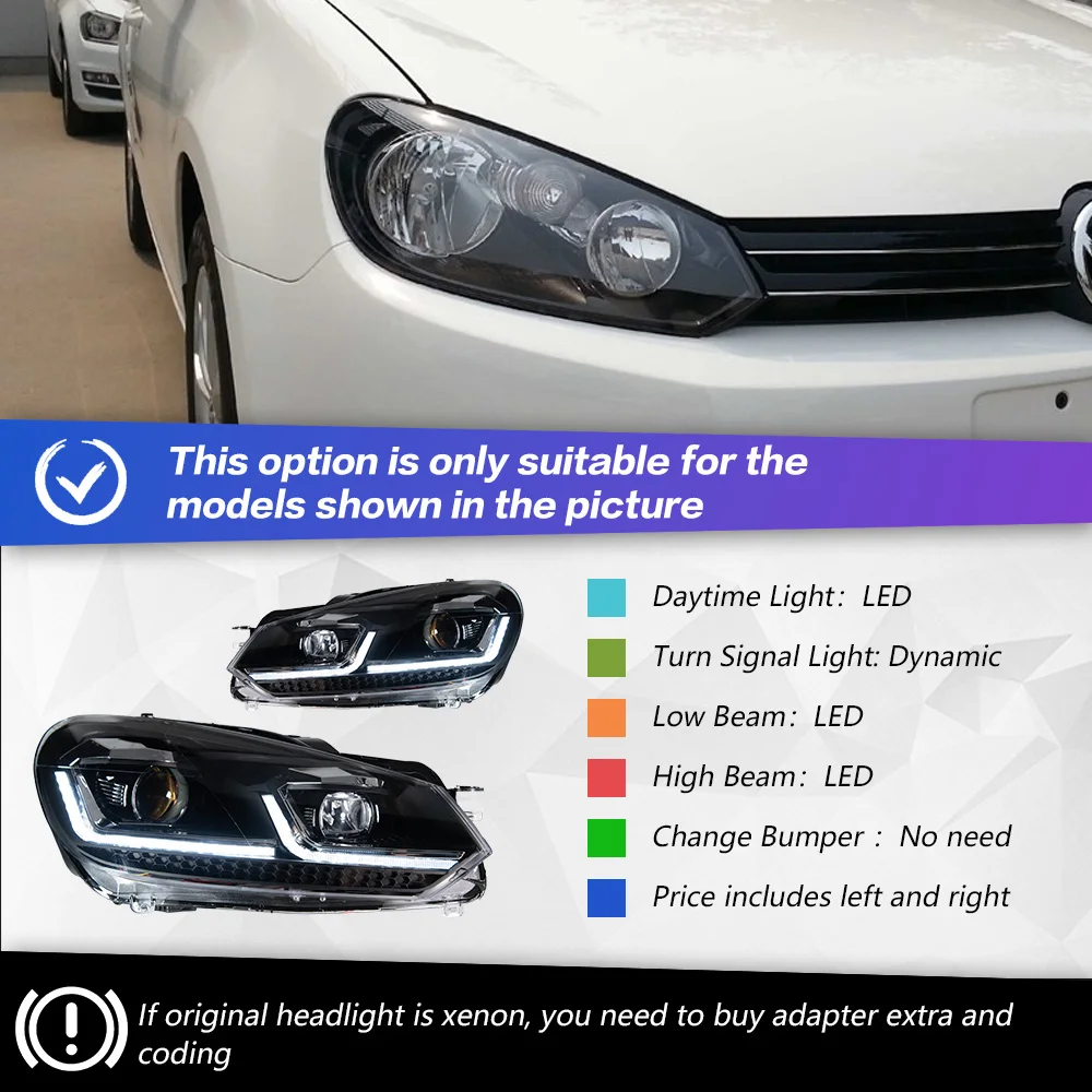 

Фара AKD для VW Golf 6 MK6, светодиодная фара 2009-2012, фары Golf6 DRL, указатель поворота, дальний свет, линза проектора «ангельский глаз»