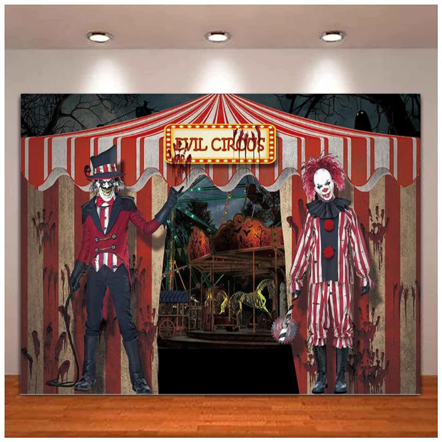 Fondo de fotografía de circo de terror con cubierta de mesa, cartel de decoración de habitación, fiesta de payaso gigante malvado de Halloween, ATERRADOR