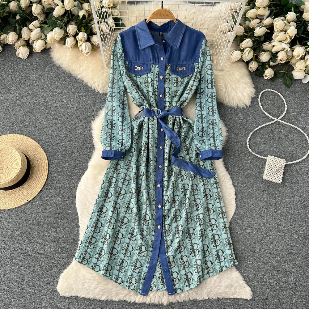 

Spring Fashion New Style Denim Spliced Print Dress Women's Strap Mid length Single breasted