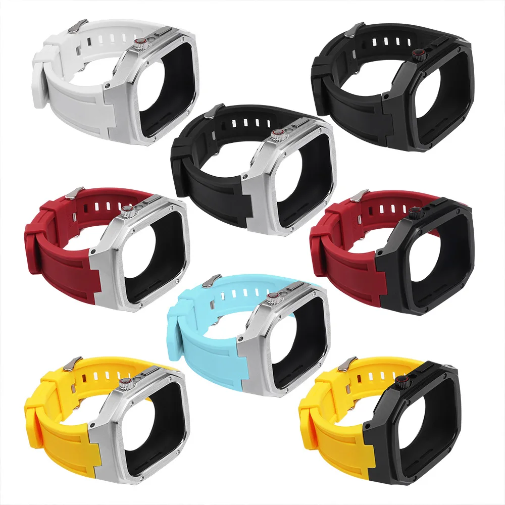 

Модифицированный комплект, металлический чехол + резиновая силиконовая корреза для Apple Watch Band 44 мм 45 мм, браслет для часов iWatch 7 6 SE 45 мм 44 мм