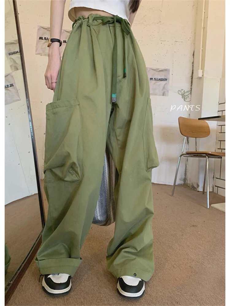 

Casual Baggy Wide Leg Straight Sweatpant Green Loose Drawstring High Waist Streetwear Cargo Pant Womens Hippie Joggers Trousers