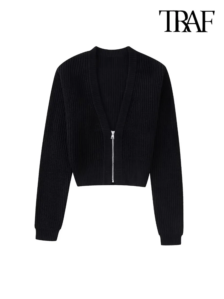 

Женский укороченный вязаный кардиган с молнией спереди и V-образным вырезом