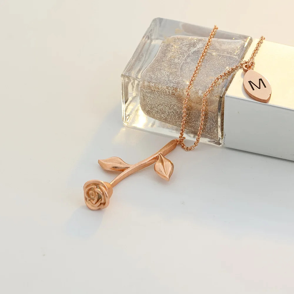 Romantic S925 Silver Valentine's Day Rose Flower Pendant Initial Letter Necklace For Women Wife Couple Gifts Jewelry