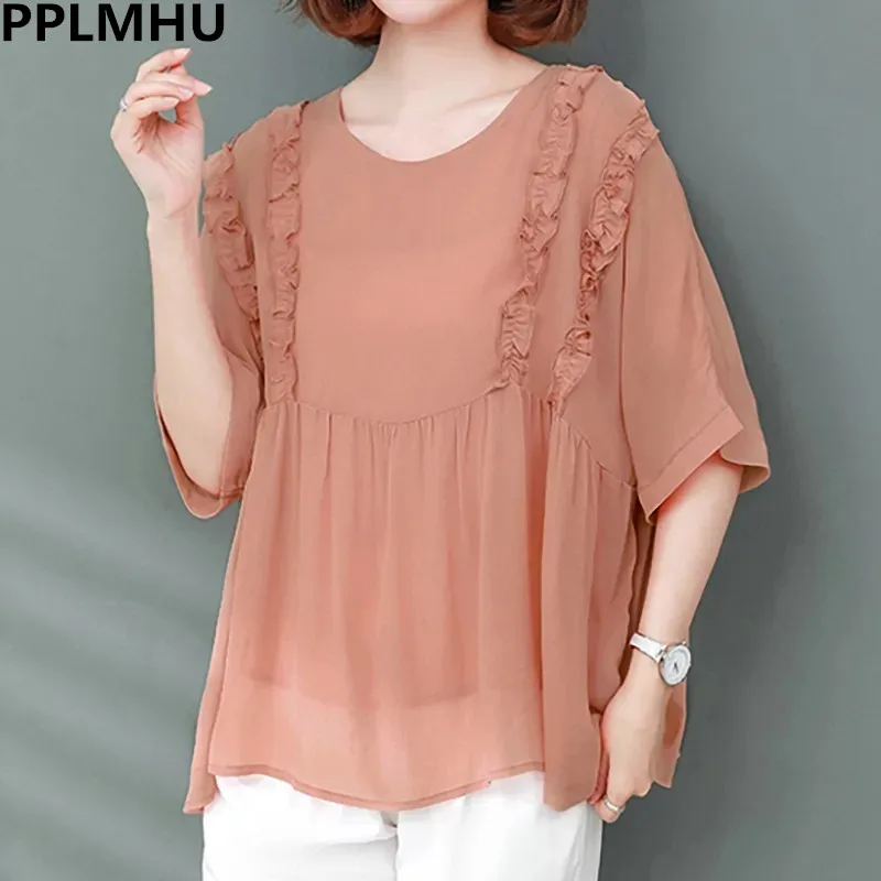 

Женские шифоновые Блузы с агарическим краем и полурукавом, повседневные свободные шикарные рубашки большого размера, модные крутые топы в Корейском стиле, тонкая рубашка для мам