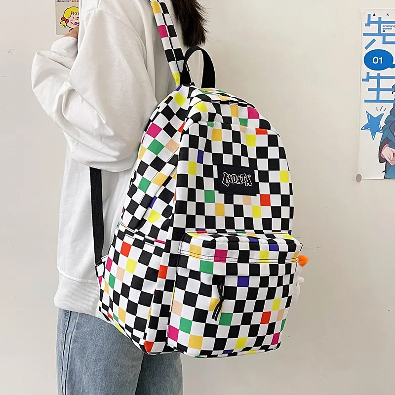 

Checkerboard Backpack Couple Models Korean Version Of Simple Ins Backpack Plaid Literary Large Capacity Student Schoolbag Unisex
