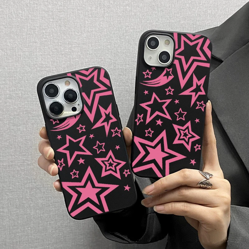 

Fashion Super Pink Star Phone Case For iPhone 13 12 14 Pro Max 11 XS XR 7 8 Plus Mini Black Shockproof Protective Cover Coque