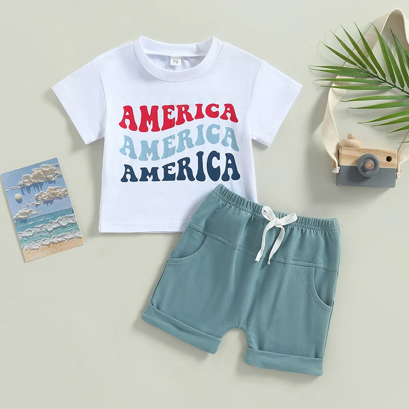 

Summer Kid Boy Clothes Suit Short Sleeve Round Neck Letters Print Shirt Drawstring Short Pants Outfit for Independence Day