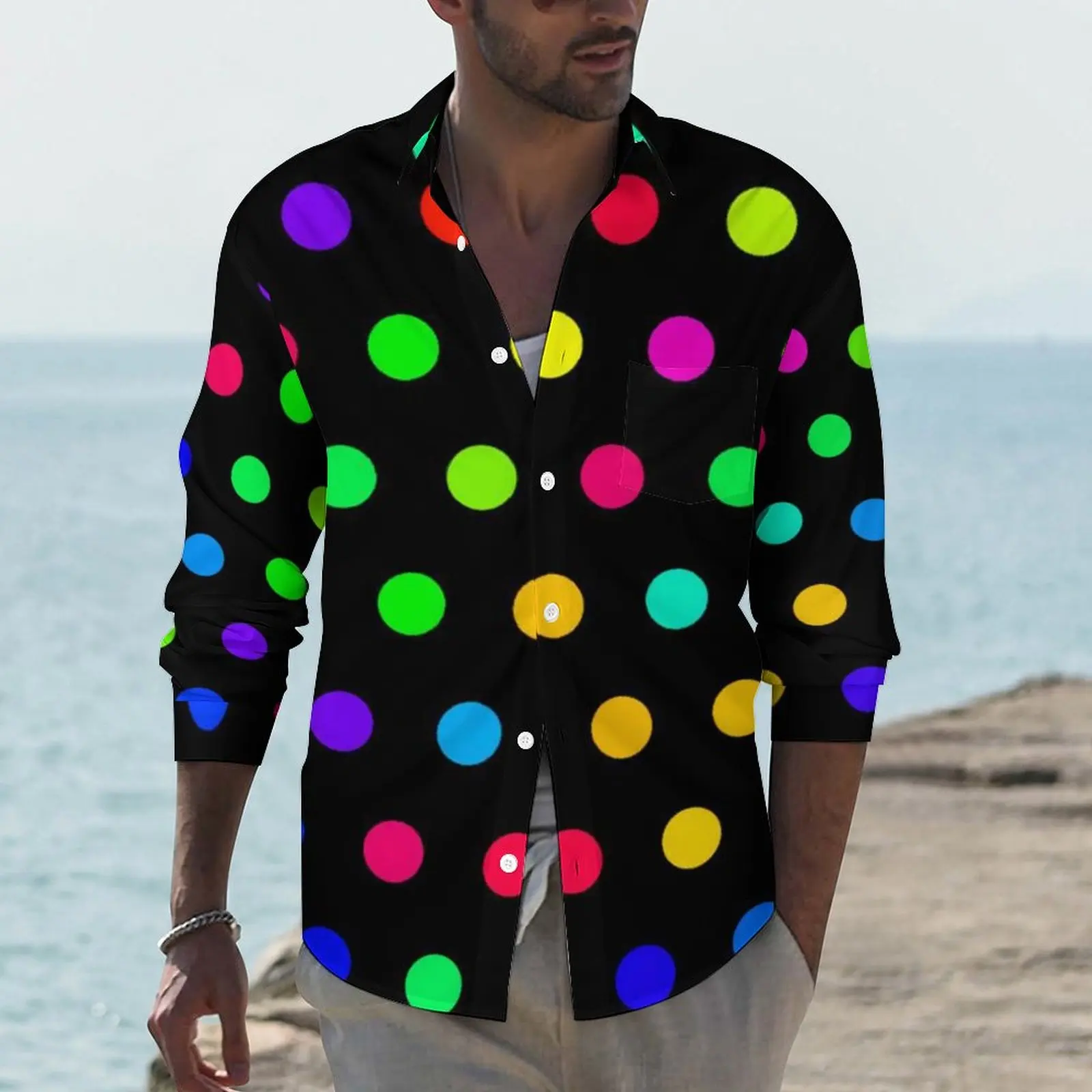 

Милая ежедневная рубашка в стиле ретро, Мужская цветная рубашка в горошек, Современная винтажная блузка, дизайнерская одежда оверсайз