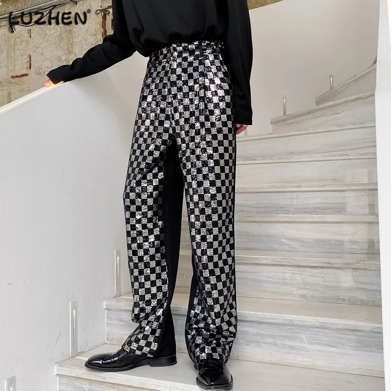 

LUZHEN 2023 Stylish Elegant Color Contrast Plaid Glossy Design Casual Pants Men's High Quality Splicing Original Trousers 05b431