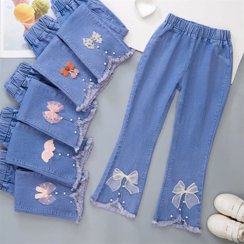 

SAILEROAD 2023 New Fashion Autumn Spring Cartoon Sweet Children's Jeans Pants Kids Girls Flared Trousers Casual Pants
