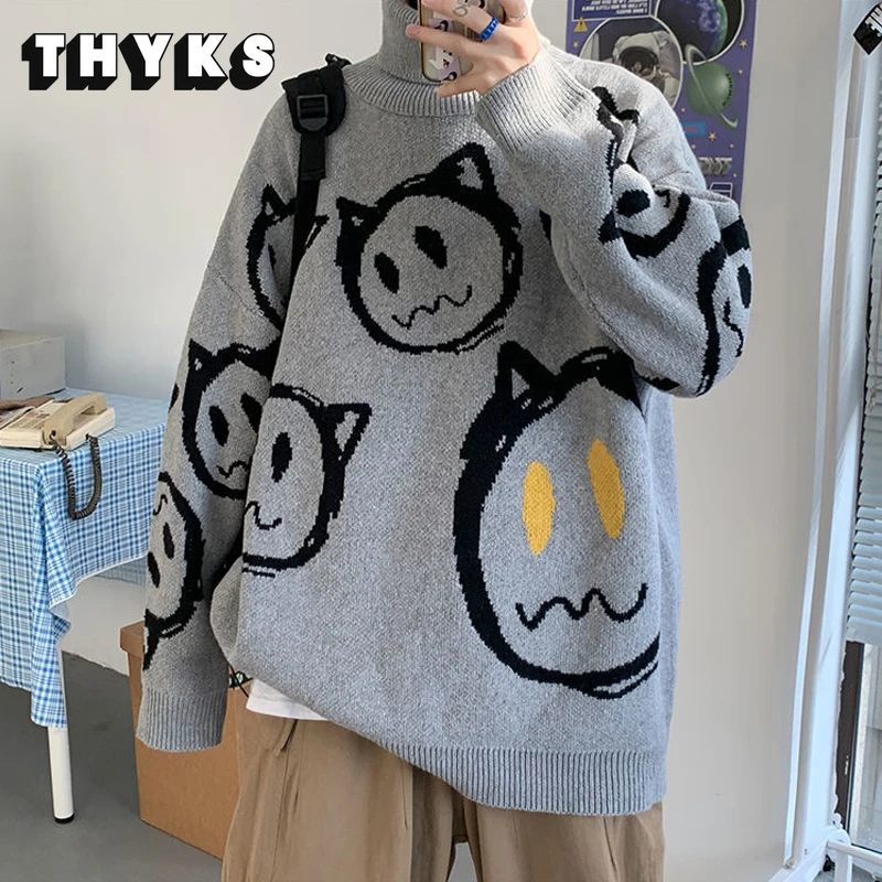 

New Men's Turtleneck Sweaters Jacquard Pullovers Y2k Harajuku Vintage 2022 Autumn and Winter Warm Thick Women Men Couple Sweater