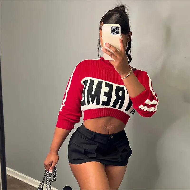

Woman Long Sleeve Knitted Crop T-Shirt Letter Printed O Neck White Stripes Casual Crop Sweater S-L