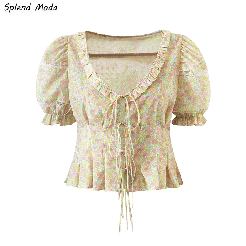 

French Sweet Vintage Floral Blouse Women 2021 Prairie Chic Summer New Puff Sleeve Ruffle Pleated V-Neck Lace-Up Top Shirt
