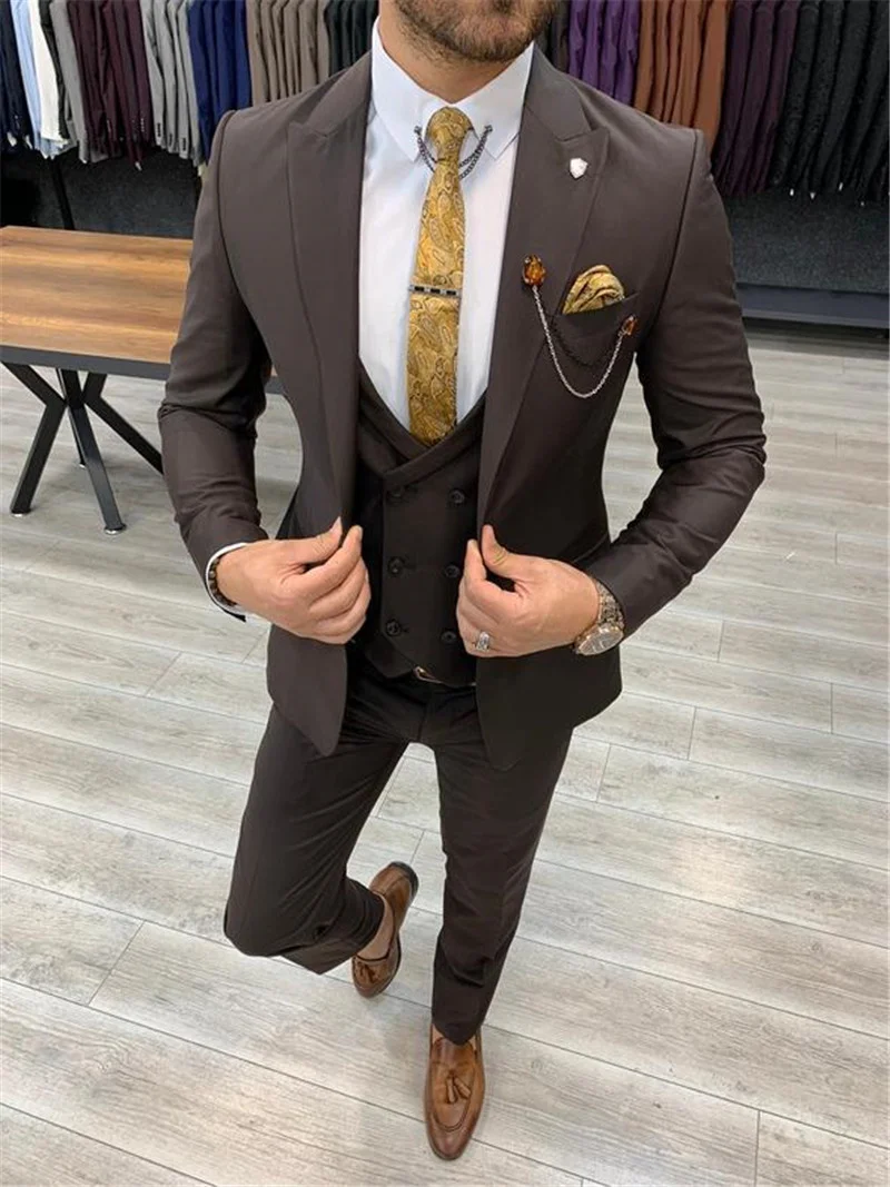 

Costume Homme 3 Pieces Brown Two Button Men Suit 2022 Slim Fit Tailor Made Groom Wear Wedding Business Blazer（Jacket+Vest+Pants）