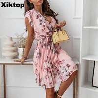 xiktop women floral print pleated dress 2022 elegant short sleeve ruffle vneck mini dress lady boho loose casual with belt dress