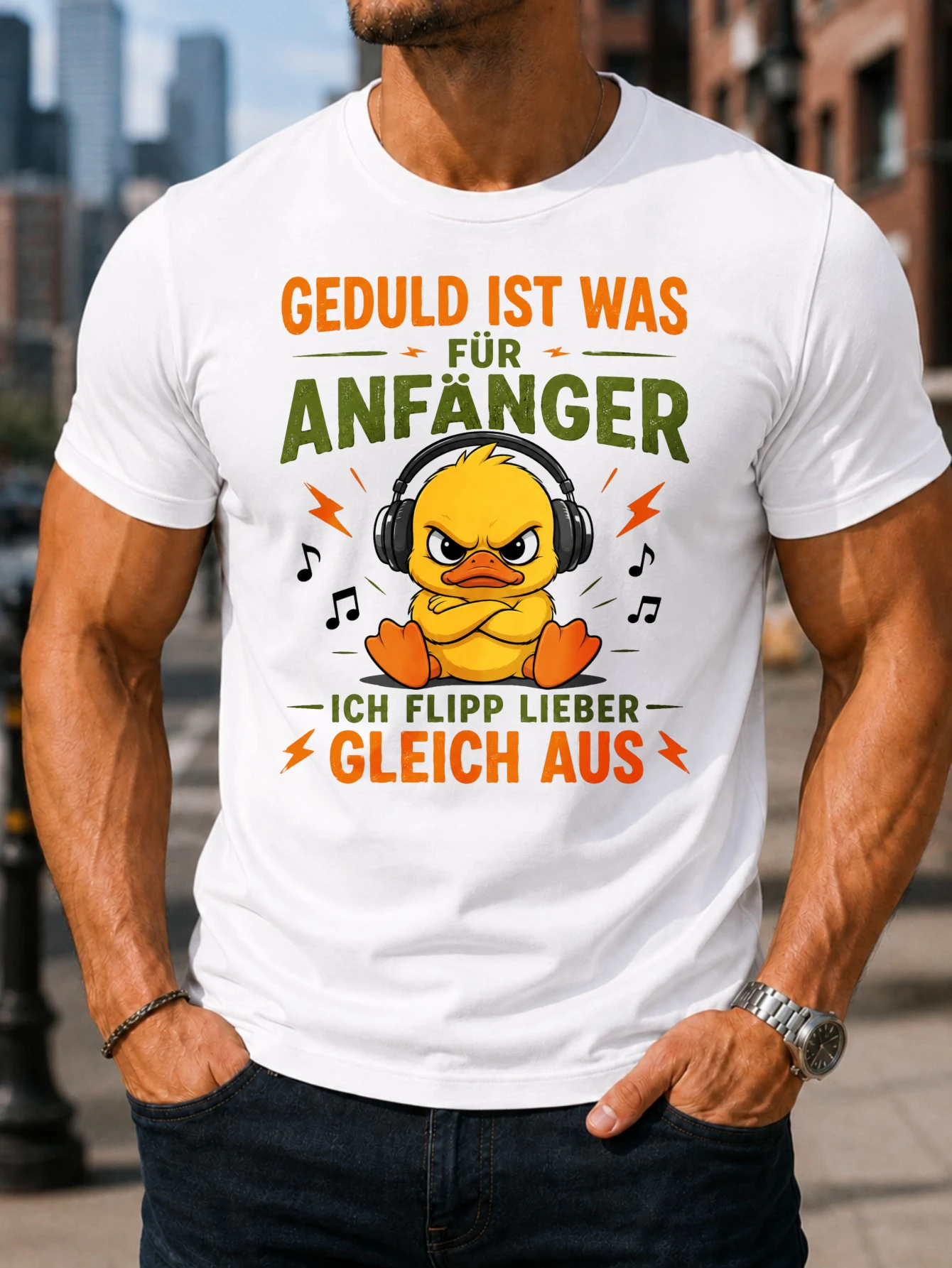 Фото Футболка унисекс с принтом «Geduld Ist Was Fur Anfanger Duck Graphic Angry Cartoon Music Notes Funny German Quote» №1