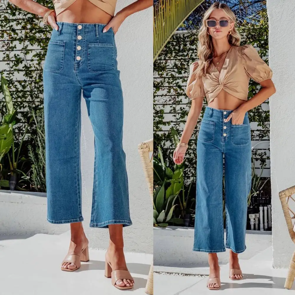 

Women Ninth Jeans High Waist Loose Straight Pockets Solid Color Streetwear Buttons Wide Leg Casual Summer Jeans Women Clothing