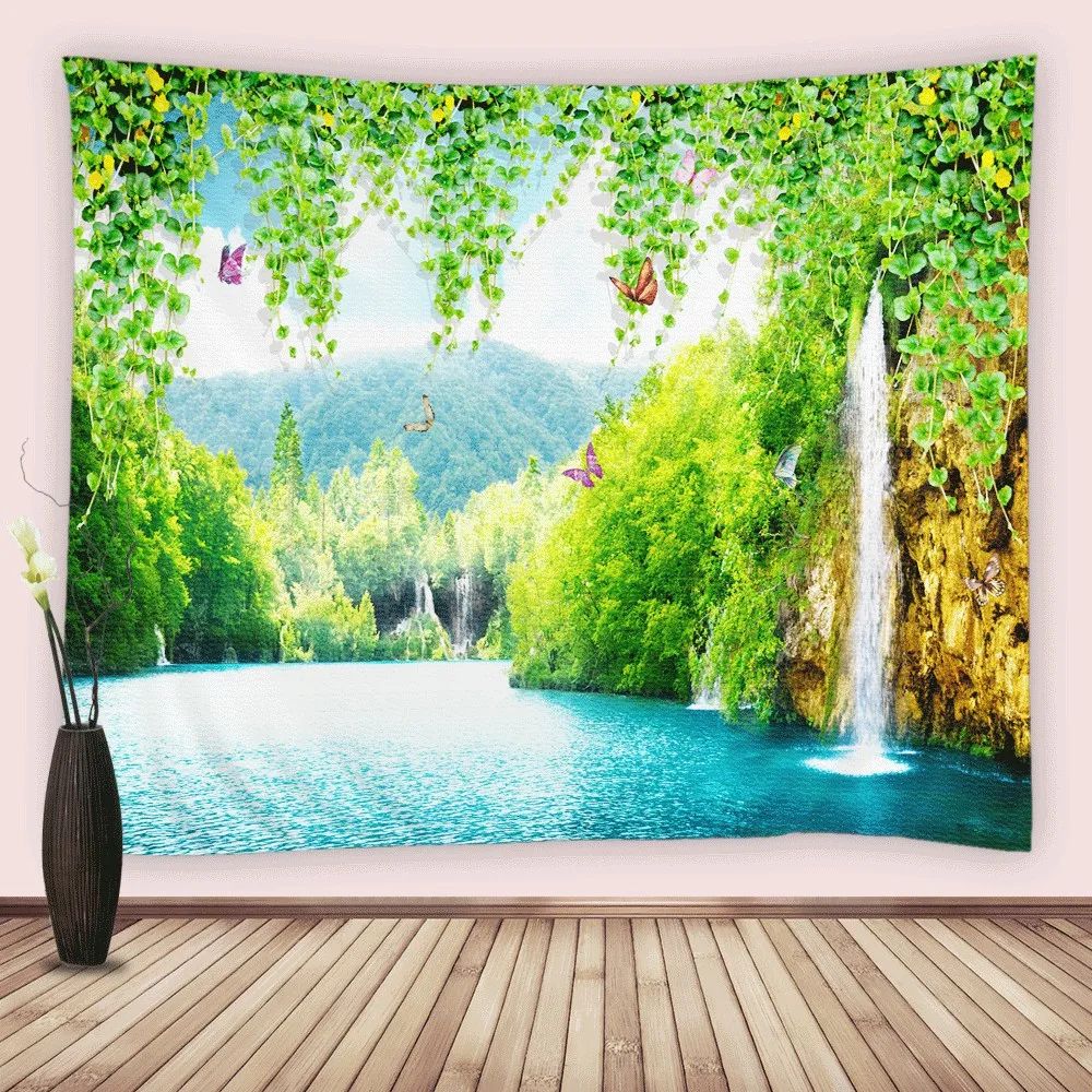 

Natural Scenery Waterfall Tapestry Lake Green Vine Butterfly Art Wall Hanging Fabric Tapestries Bedroom Decor Background Cloth