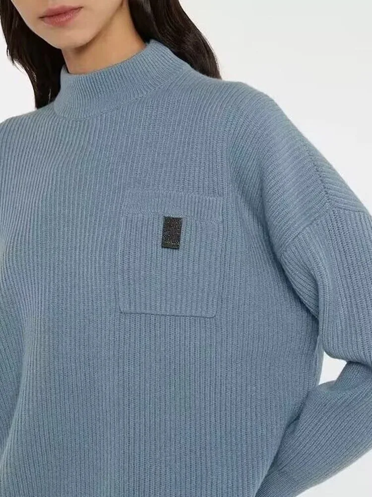 

Women Sweater Half-High Collar Knitted Pocket Beaded Jumper Casual Pullover