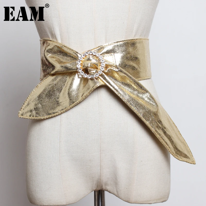 

[EAM] Pu Leather Metal Color Bow Irregular Long Wide Belt Personality Women New Fashion All-match Spring Autumn 2023 1DF2094