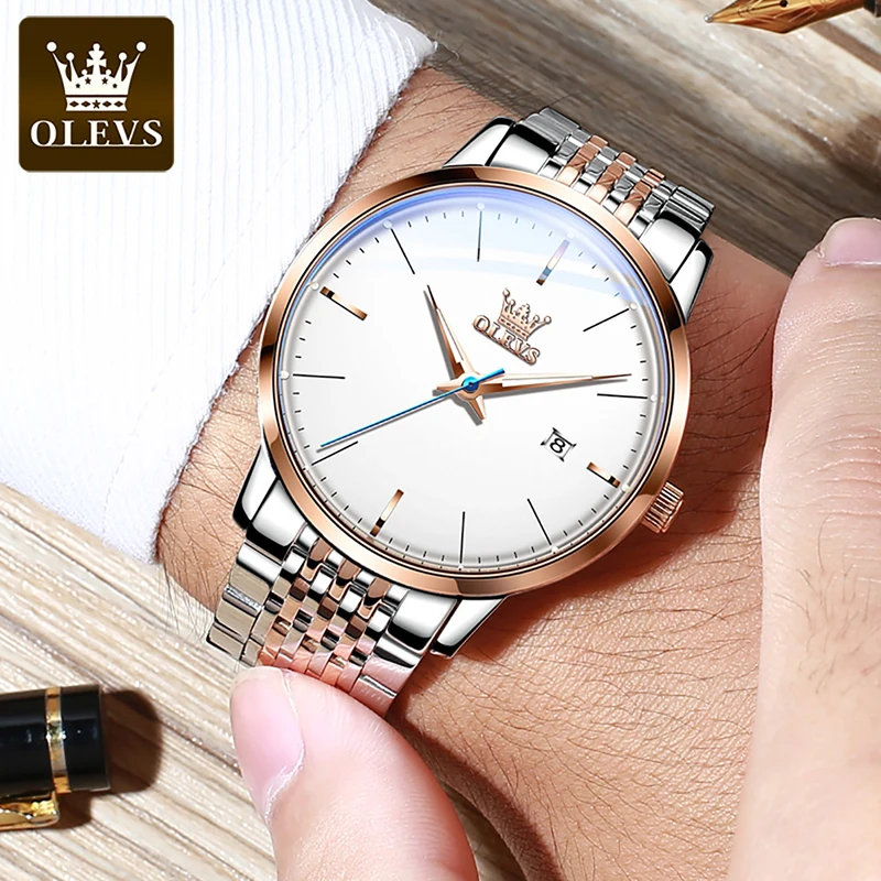 OLEVS Casual Fashion Mens Watches Automatic Mechanical Watch Simple Calendar Display Stainless Steel Waterproof Watch Reloj 6609