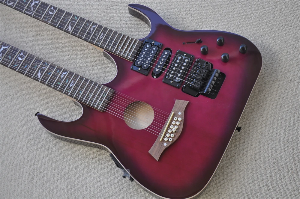 

custom New Top Quality purple 6+12 Strings Double neck semi hollow Electric Guitar Tremolo bridge real photos in stock 41