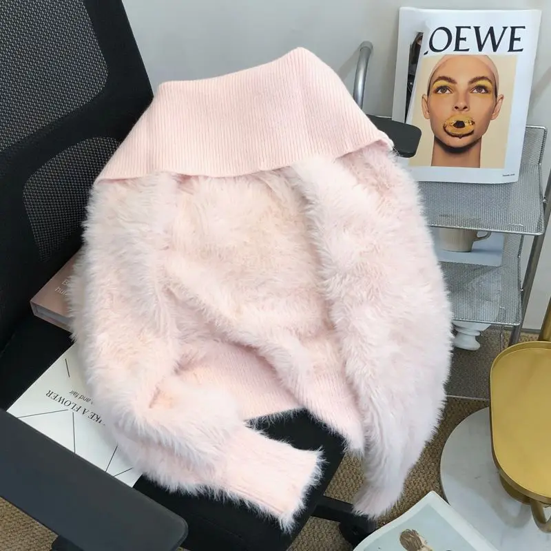 Gaganight женский мохеровый белый свитер с высоким воротом 2024 куртка-кардиган