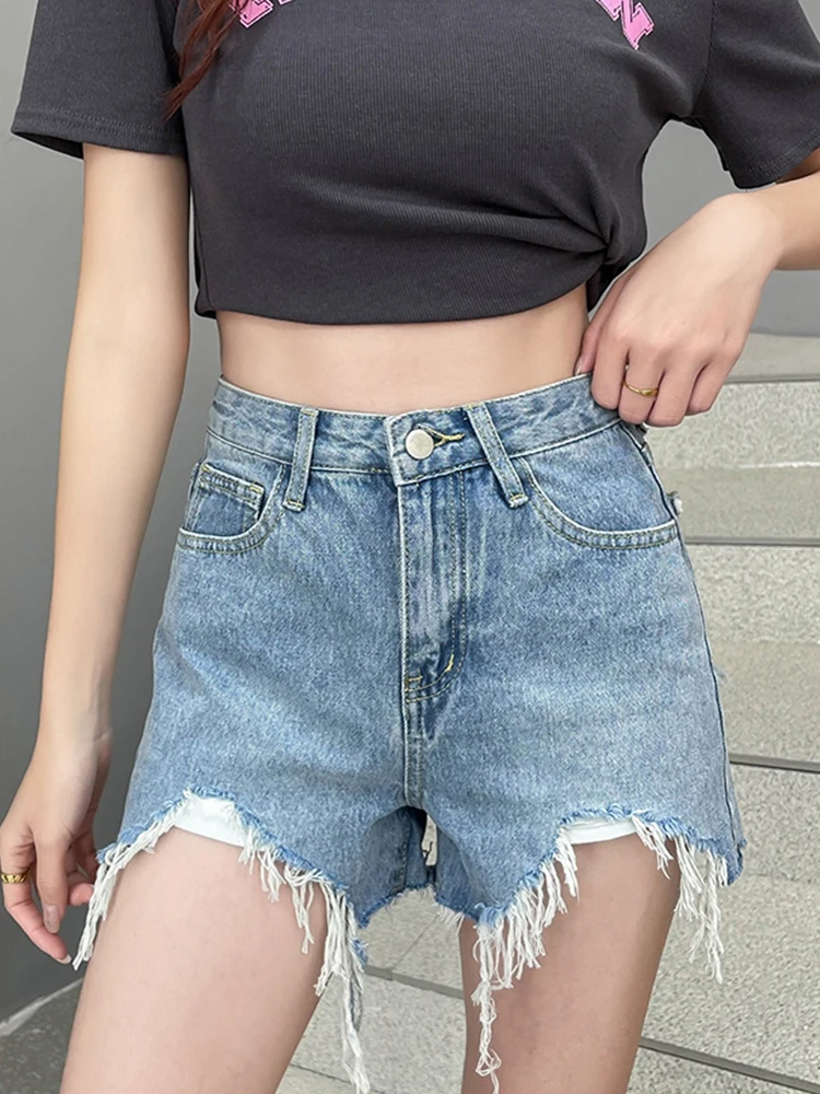 Streetwear Women High Waist Retro Raw Hem Blue Denim Shorts Spring Summer Female Loose Fit Button Jeans Shorts Bottoms