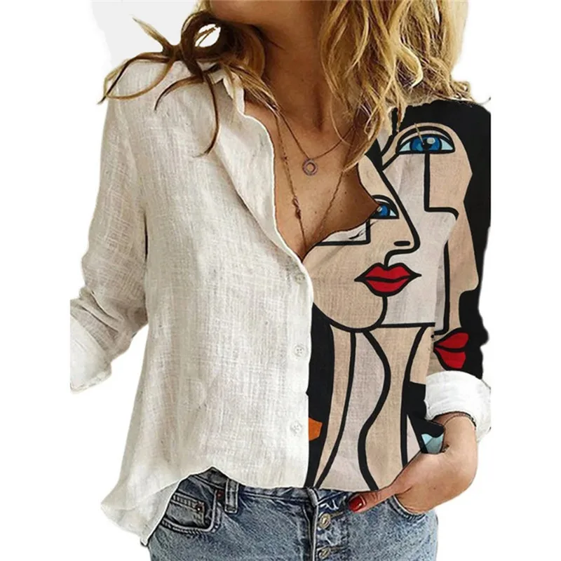 2023 Summer Women Shirt Elegant Art Print Turn Down Collar Button Long Sleeve Casual Street Female Blouses