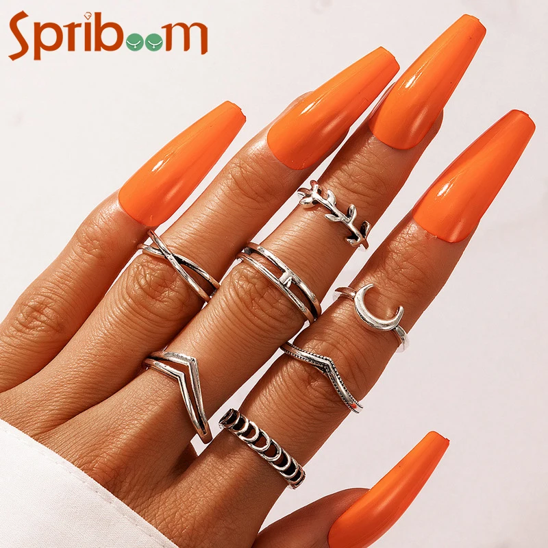 

7Pcs/set Bohemia Women's Rings Silver Color Moon Leaf Knuckle Ring for Woman Girls Personality Jewelry Aesthetic Accessories