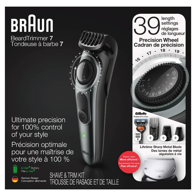 Braun Beard Trimmer BT7240, Hair Clipper for Men, 39 Length Settings, Black/Grey Metal enlarge