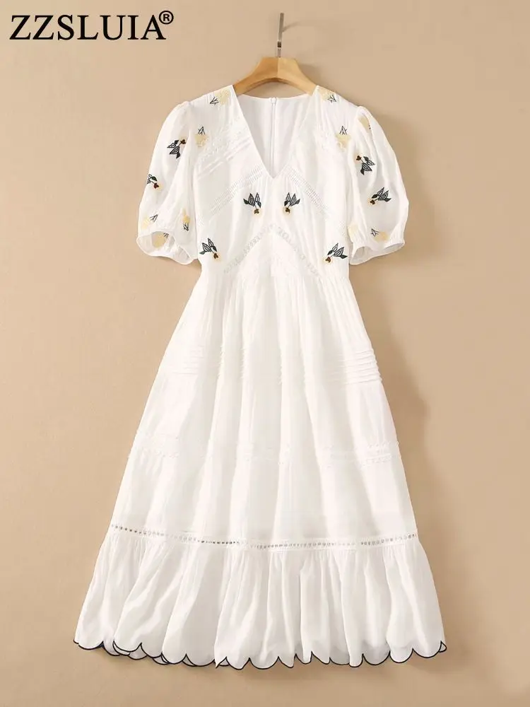 Vestidos para as Mulheres Zzsluia Cortar Bordado Retalhos Designer Elegante Midi Vestido Moda Verão Uma Peça Roupas Femininas